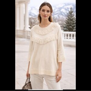 Kate Spade New York Fringe Trim Wool Blend Sweater Cream Statement Knit M